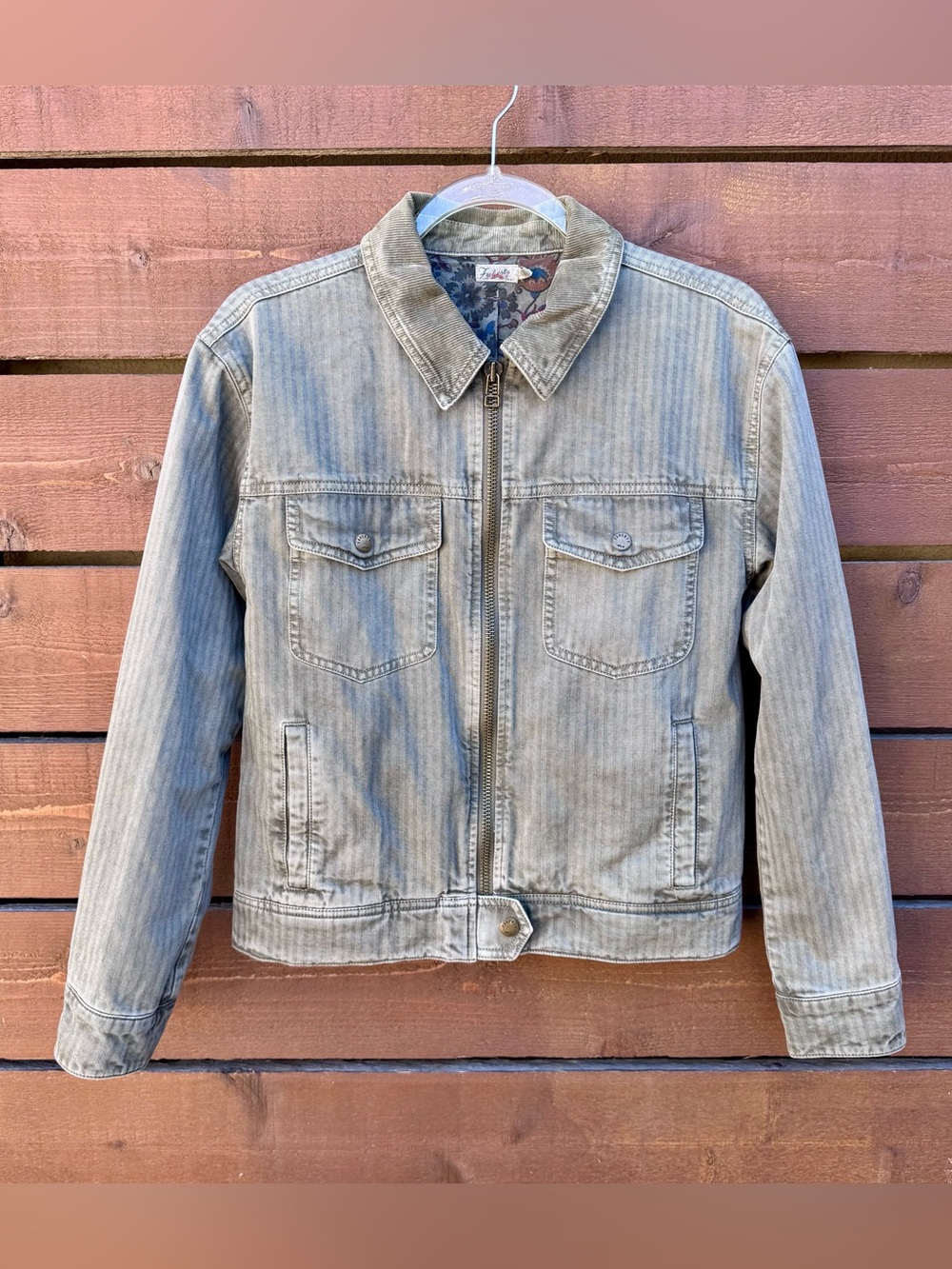 Faherty Herringbone Striped Zip Front Corduroy Collar Trucker Jacket XS Green